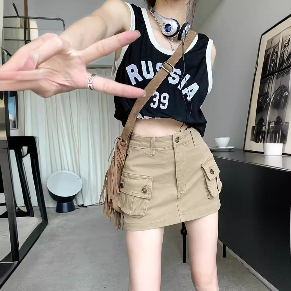 Hot Girl Retro Skirt Women's Summer Slimming Look a Denim Anti-Exposure a Khaki Skirt High Waist Short Skirt