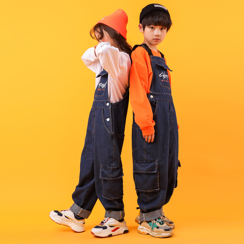 Picture of Children's suspenders costume girls jazz dance suit hip-hop loose denim baggy pants boys hip-hop fashion cool