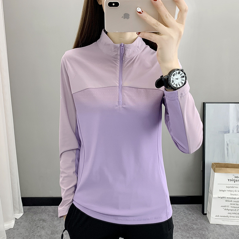 Spring and Autumn outdoor quick-drying ice silk T-shirt women's thin long sleeve sun protection breathable elastic stand collar bottoming shirt sports quick-drying clothes