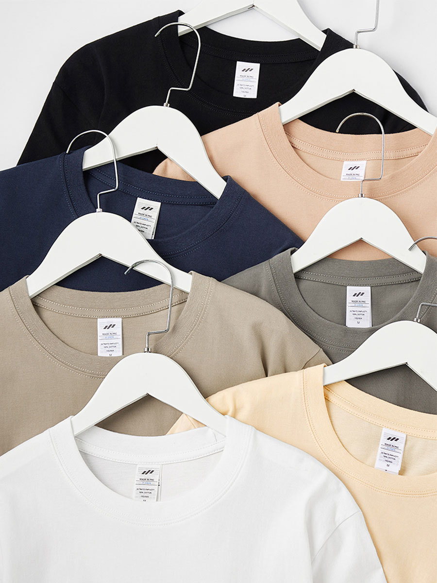Picture of Japanese Style 230g Pure Cotton Short-Sleeved T-Shirt Women's Right Shoulder Round Neck Top Pure Color Half-Sleeved Bottoming Shirt Clothes Men's Wholesale