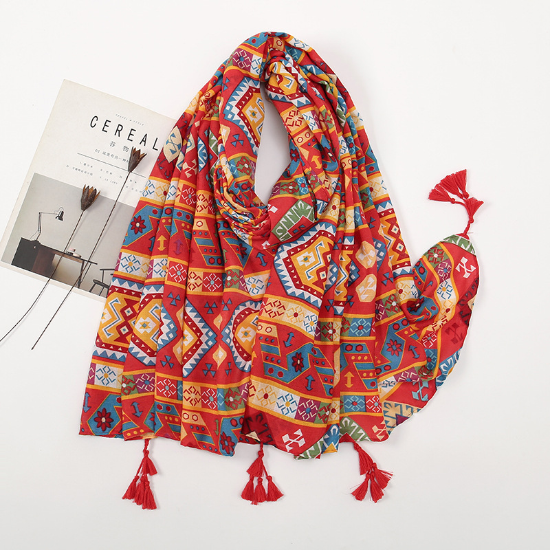 Picture of New Artistic Fresh Cotton and Linen Retro Tassel Scarf Women's Printed Beautiful Silk Scarf Japanese Sunscreen Shawl