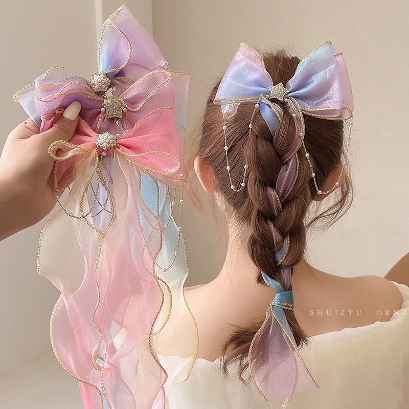 Super Fairy Pearl Bow Headwear Children's Hair Ribbon Tassel Ribbon Hairpin Hairband Women's Hair Tie Summer Hairpin