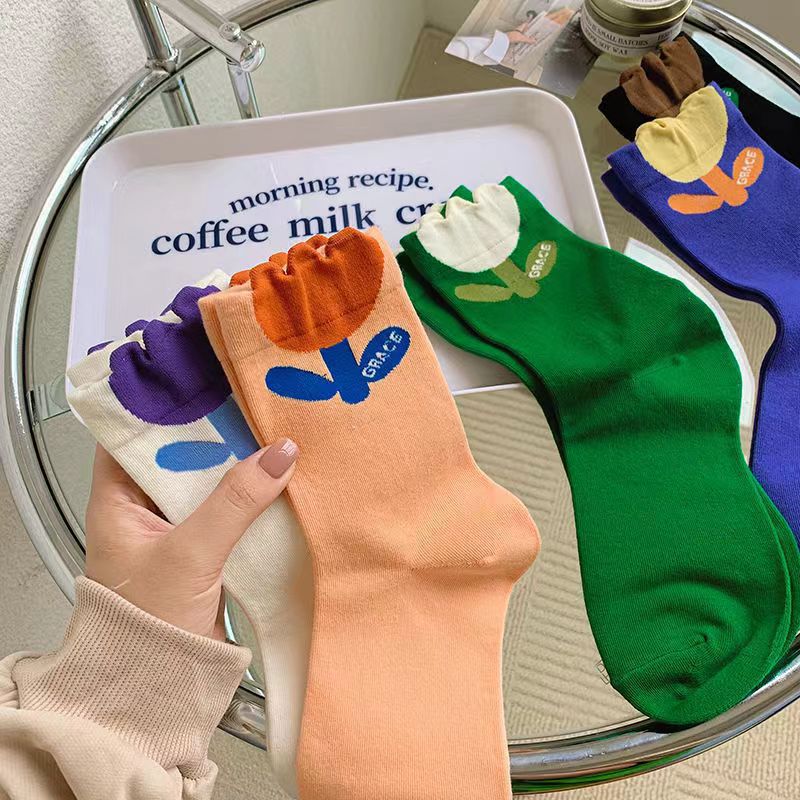 New Three-dimensional Flower Socks Women's Cute Japanese Style Mid-length Socks Instagram Style Trendy Gone-off Green Stockings for Children Four Seasons