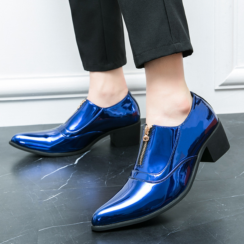 European Station cross-border glossy casual leather shoes spring and autumn fashion pointed business shoes front zipper formal wear chunky heel heightening shoes