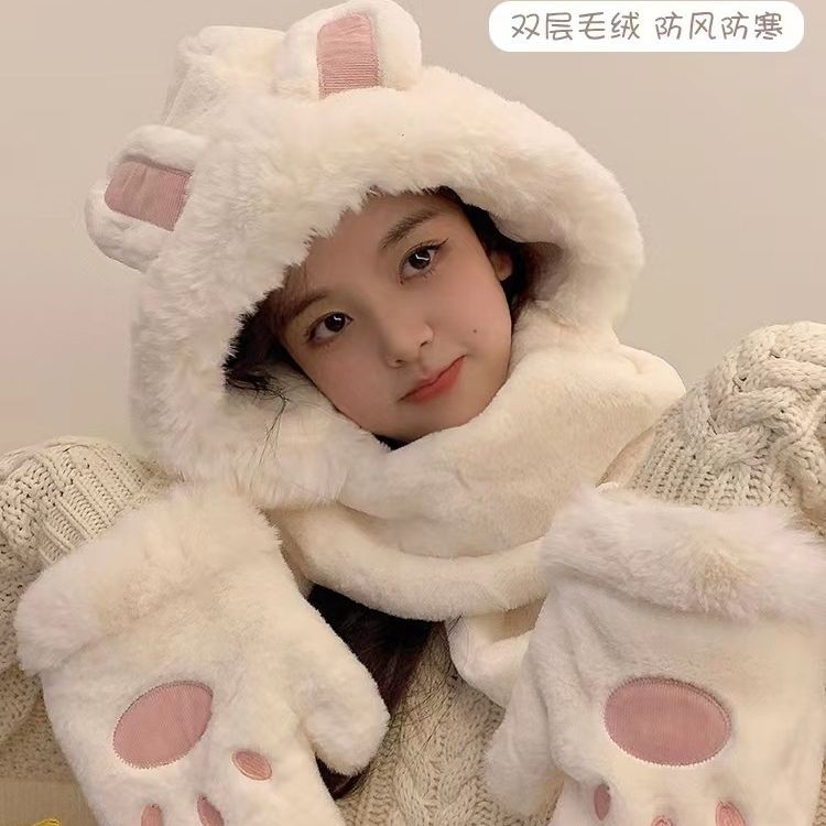 Hat scarf gloves women's autumn and winter rabbit ears bear three-piece cute plush scarf Lei Feng hat