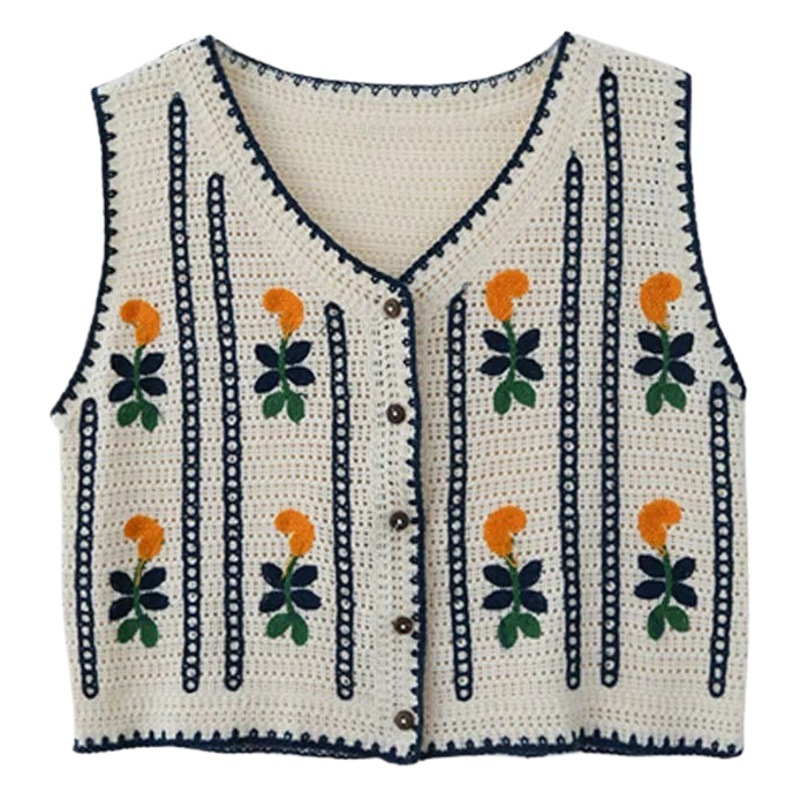 New Korean Style Knitted Vest Women's Vintage Embroidered Crochet Knitted Shirt Waistcoat Vest Sleeveless Jacket Spring and Summer