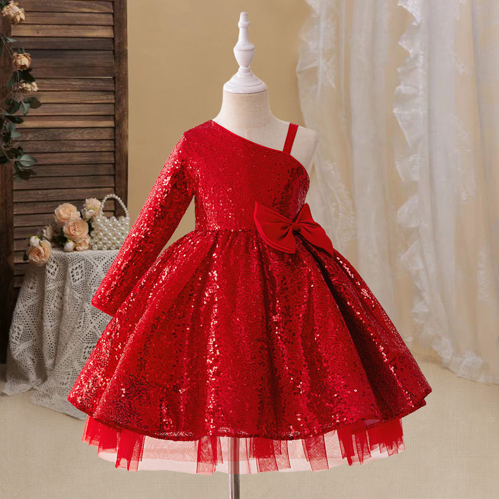 Red Dress Girl's Slant Shoulder Sequin Princess Dress Children's Host Violin Girl's Piano Performance Dress