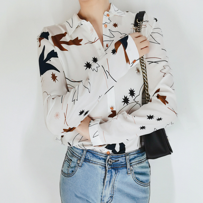Picture of Clearance French Style Elegant Swallow Print Long Sleeve Silk Crepe-de-Chine Shirt Women's Commuter OL Mulberry Silk Shirt Mid-length