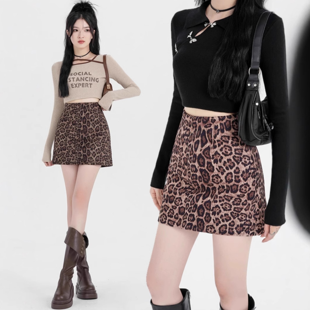 Early Autumn New High Waist Slimming Small Hip A- line Skirt Retro Fashionable Elegant Leopard Print Skirt for Women