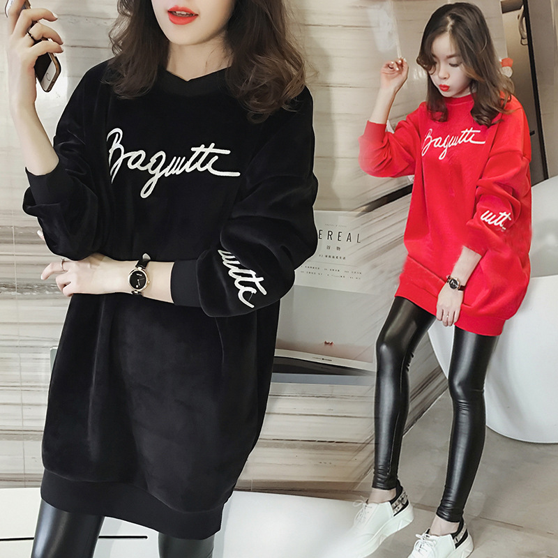 Picture of Pregnant Women's plus size Sweater 100.00kg chubby girl Slim 2024 Autumn and Winter Gold Velvet Mid-length Spring Gold Velvet Top