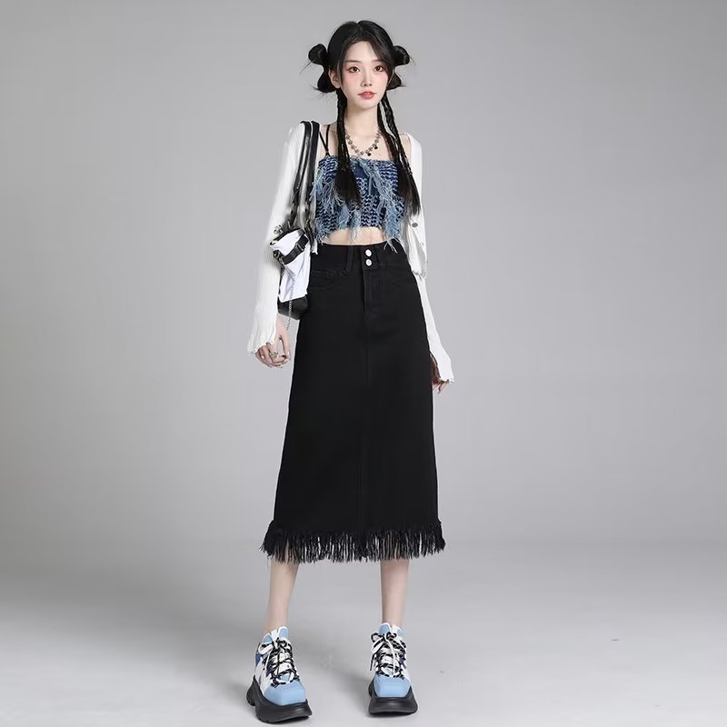Black A- line Skirt Denim Mid-length Skirt Women's 2024 Summer New High Waist Slimming Retro Rough Edge Skirt