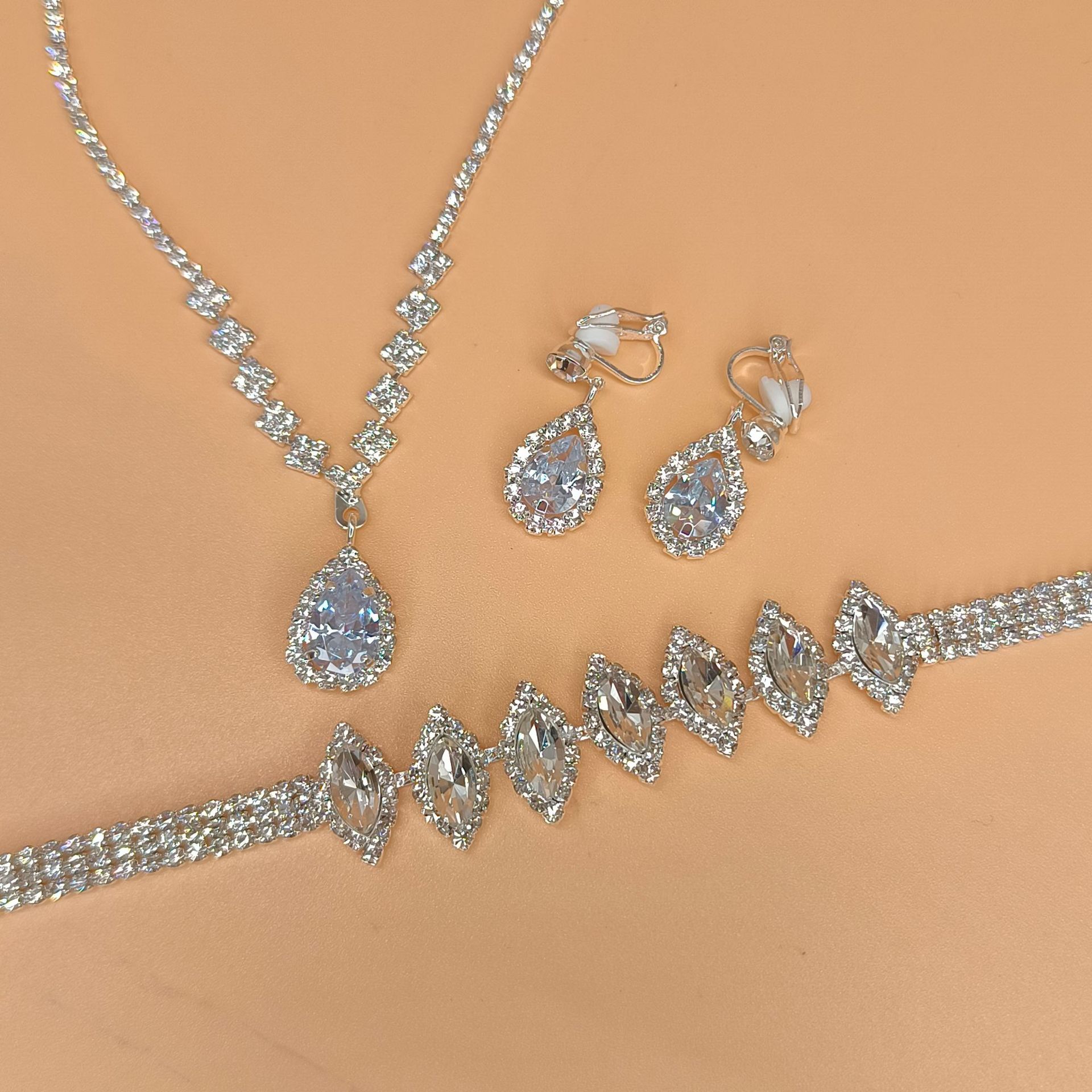 Picture of Brilliant diamond zircon water drop necklace earrings bride wedding jewelry shooting jewelry set wholesale