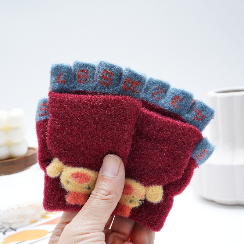 Picture of Children's flip gloves autumn and winter boys half finger warm cute Primary School students writing knitted dual-purpose gloves wholesale