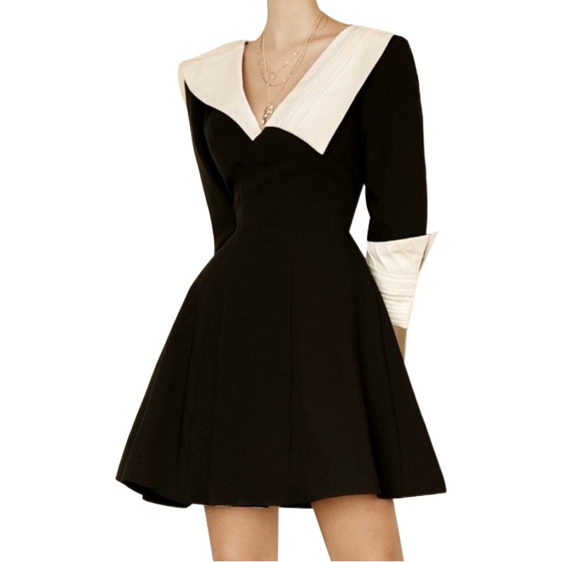 2024 Spring and Autumn Black and White Casual Waist Dress Women's French Light Luxury V Neck Slim Long Sleeve Hepburn Style Little Black Dress