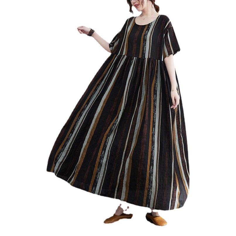2023 Spring New Large Size Women's Ethnic Style Dress for Chubby Girls Slimming Mom Spring and Autumn Long Sleeve Skirt Covering Meat