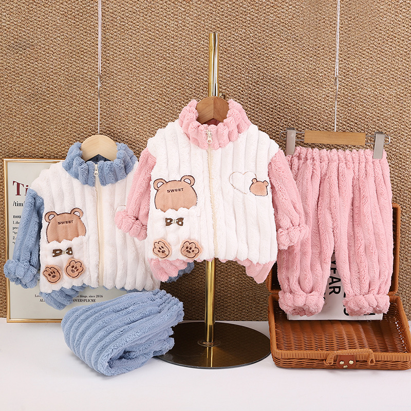 Boys and Girls Winter Home Clothes Zipper Shirt suit New Baby Outfit fleece-lined Thickened Bear Pajamas Two-piece Set