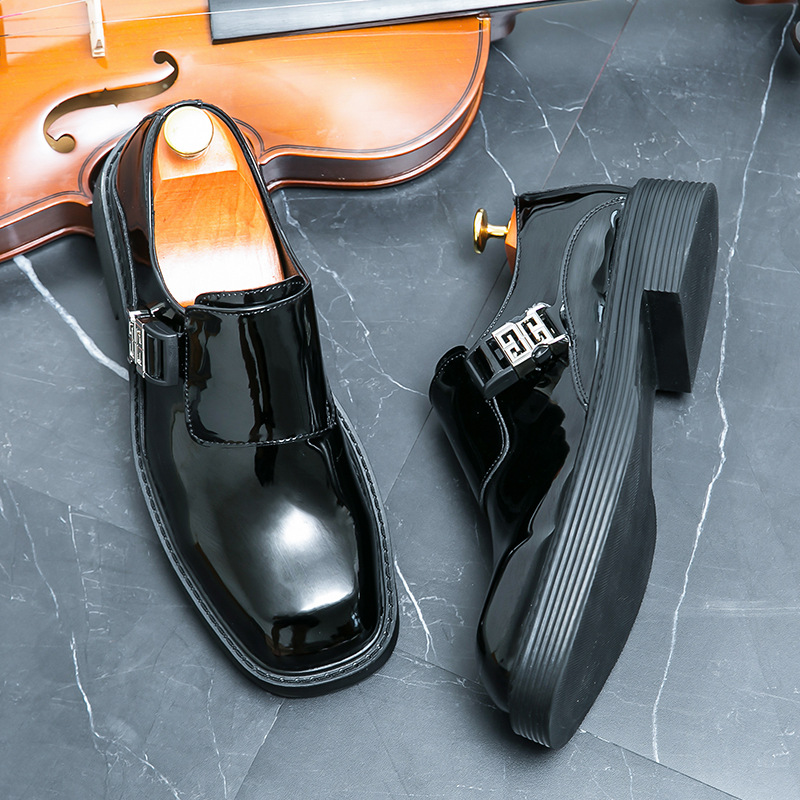2023 cross-border new 45 size British square toe patent leather glossy single-layer shoes thick sole increased business casual fashion leather shoes