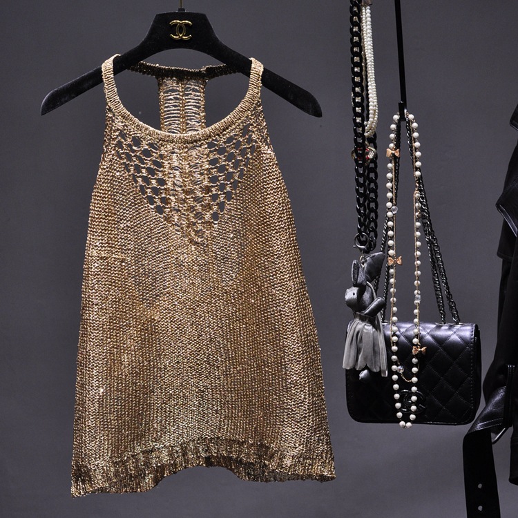 Han Eun's Sexy Hollow Sequin Vest Thin and Transparent Sexy Shoulder-off Halter Strap Shoulder-off Short Top for Women