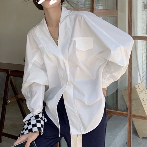 Shirt-Like White New Style French Retro Versatile Loose Design Long-Sleeved Shirt Top Spring Irregular