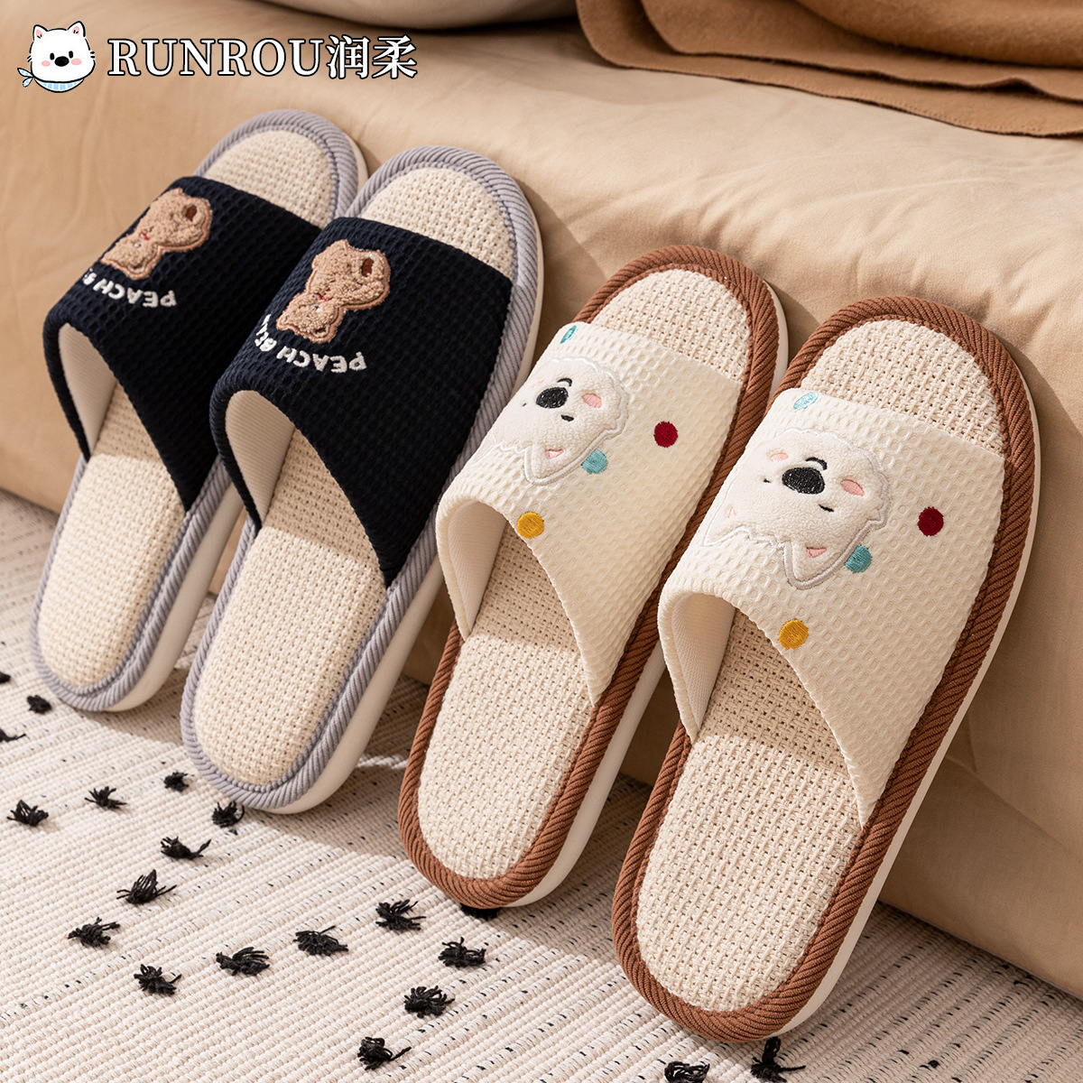 Linen Slippers Women's Spring and Summer 2025 Explosions Cartoon Home Sweat Absorbing Mute Indoor Breathable Cotton Linen Slippers Men's Four Seasons