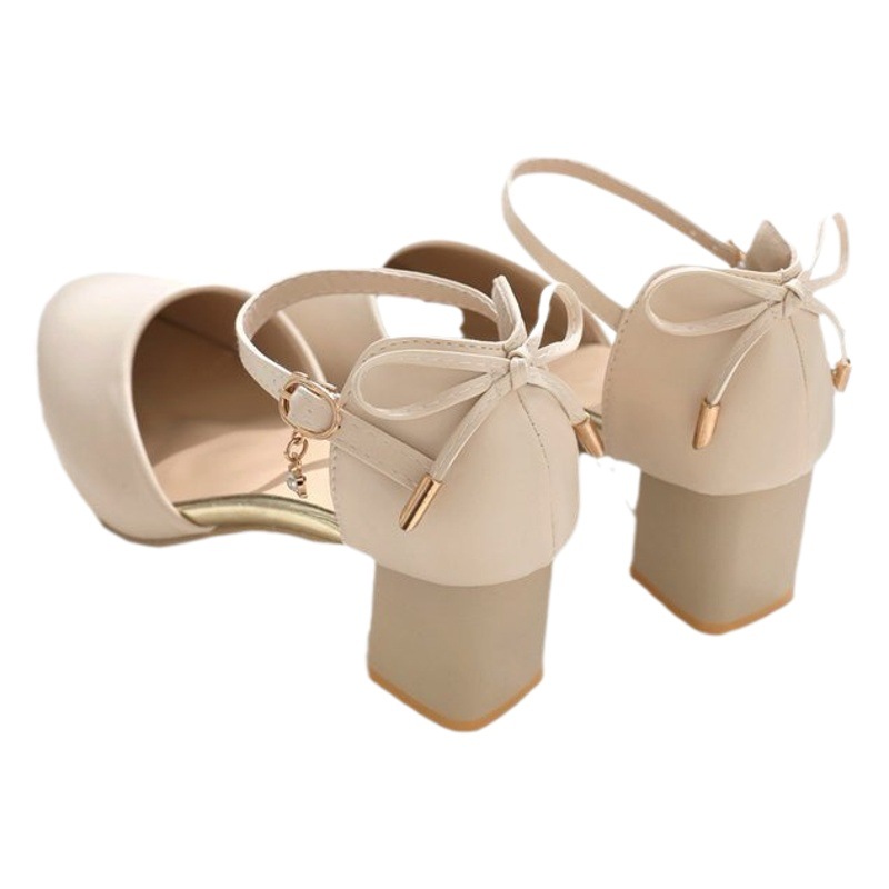 Bow Chunky Heel High-heeled Shoes Women's 2024 Summer New Fairy Style Mid-heeled Toe Sandals All-match Single-layer Shoes for Women