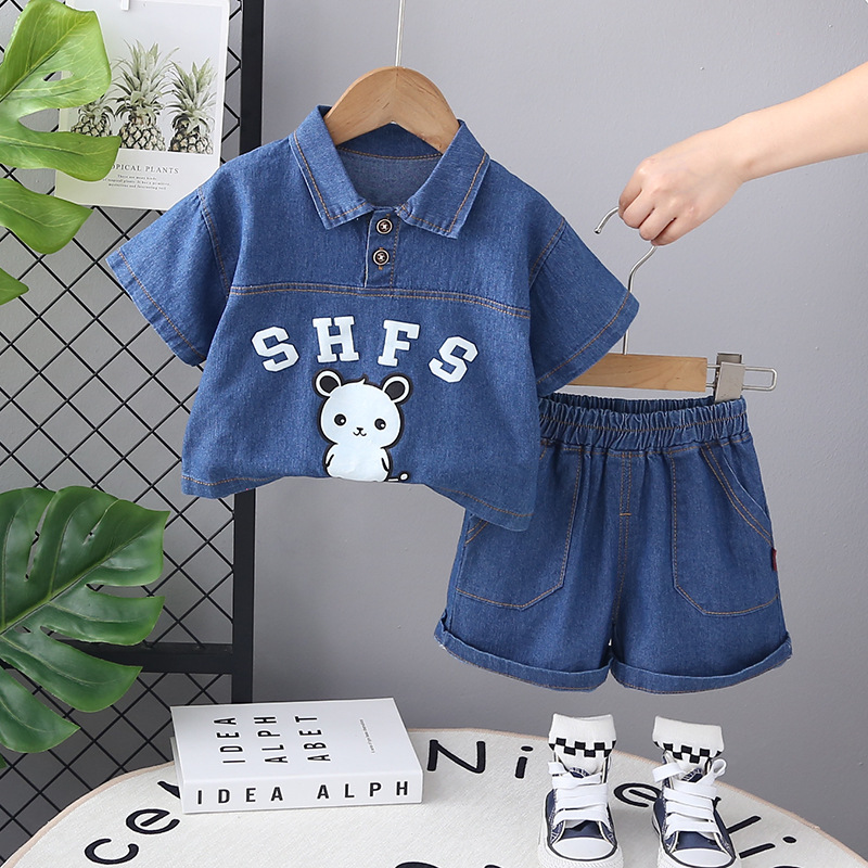 Boys' Summer Thin Denim Short-sleeved suit 2024 New Children's Casual Handsome Summer Trendy Two-piece Set
