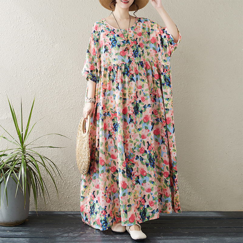 Cross-border Foreign Trade 2024 New Chinese Style Long Dress Artistic Large Size Fat MM Plus Size Printed Short-sleeved Floral Dress