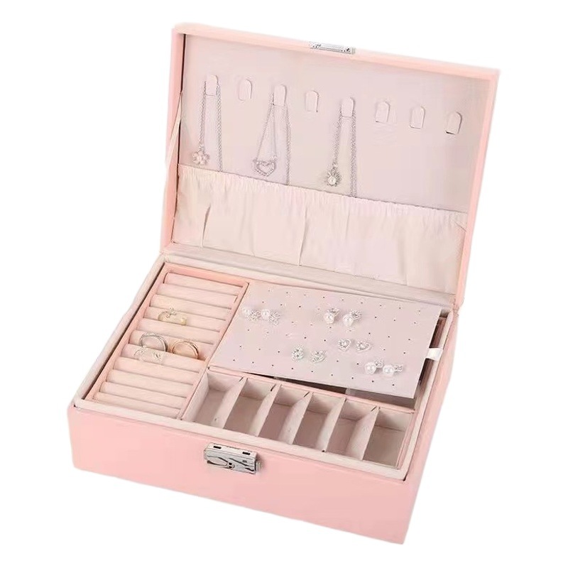 New Style Jewelry Storage Box Ins Style Pink Double Layer Large Capacity Jewelry Split Dustproof Anti-oxidation Storage Box