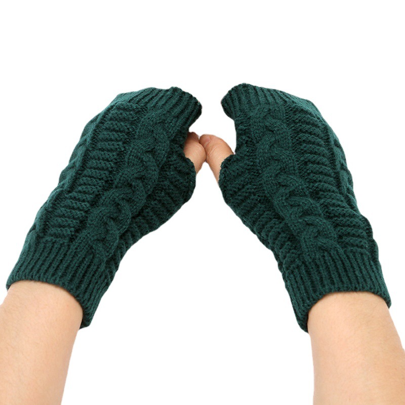 Knitted Half-Finger Gloves for Women in Autumn and Winter, Warm Aliexpress Cross-Border Gloves with Leaky Fingers, Acrylic Wool Pure Color Short Gloves