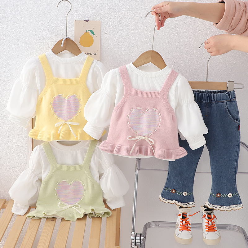 Girls' 2025 New Spring Dress suit Fashionable Children's Spring and Autumn Wearable Rope Love Sling Long-sleeved Three-piece Set Trendy