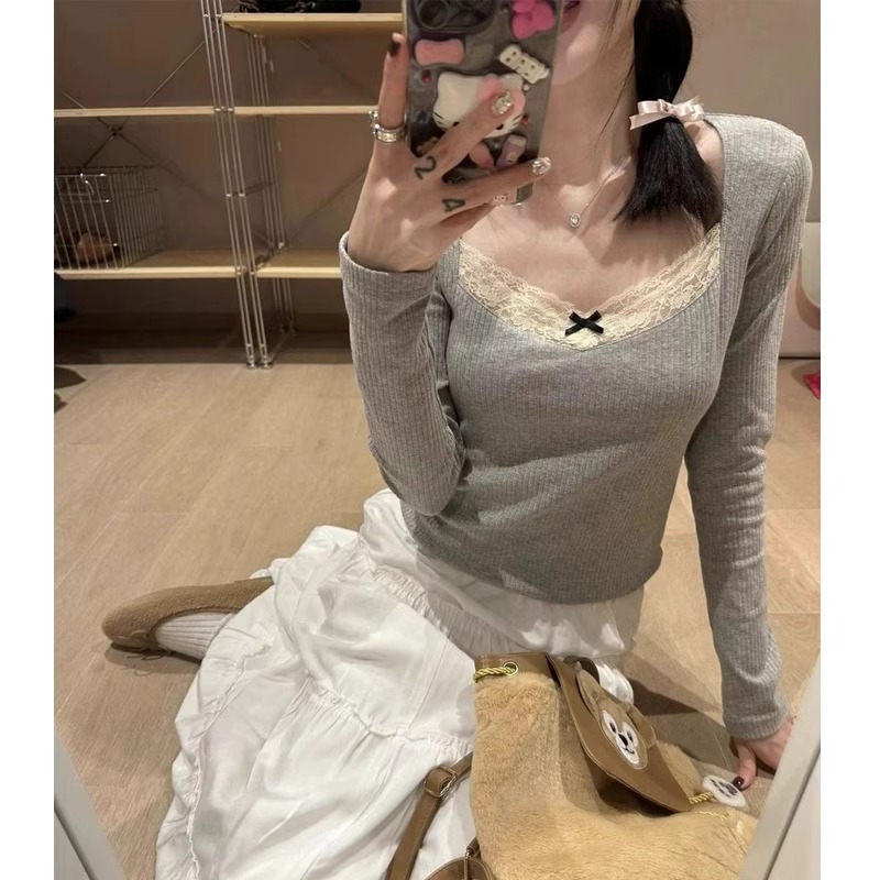 2024 New Design Sense Grey Stitching Lace Collar Base Shirt Women's Autumn Slim-fit Long-sleeved Shirt