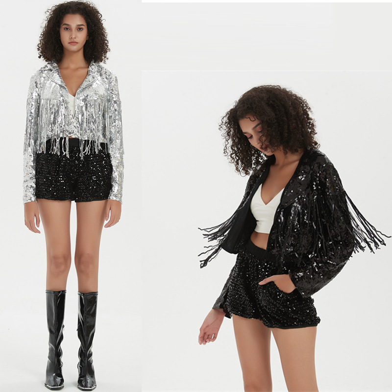 Opening Dance Tassel Performance Costume Women's Modern Atmospheric Heavy Industry Sequins Dance Performance Costume Stage Short Top