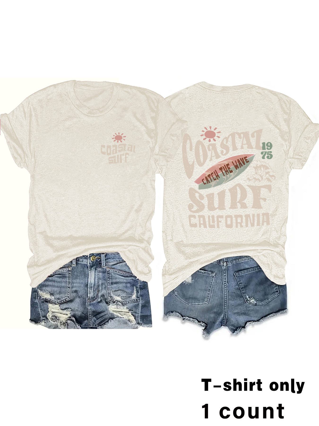 Picture of European and American Round Neck Vintage Coastal Surf Californiamatc Top Women's T-Shirt Loose Short Sleeves