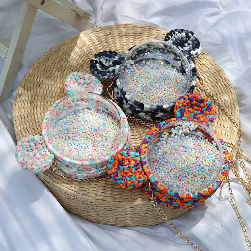 Picture of Handmade woven cloth line bear Mickey bag material bag transparent hemisphere acrylic Pearl handbag satchel