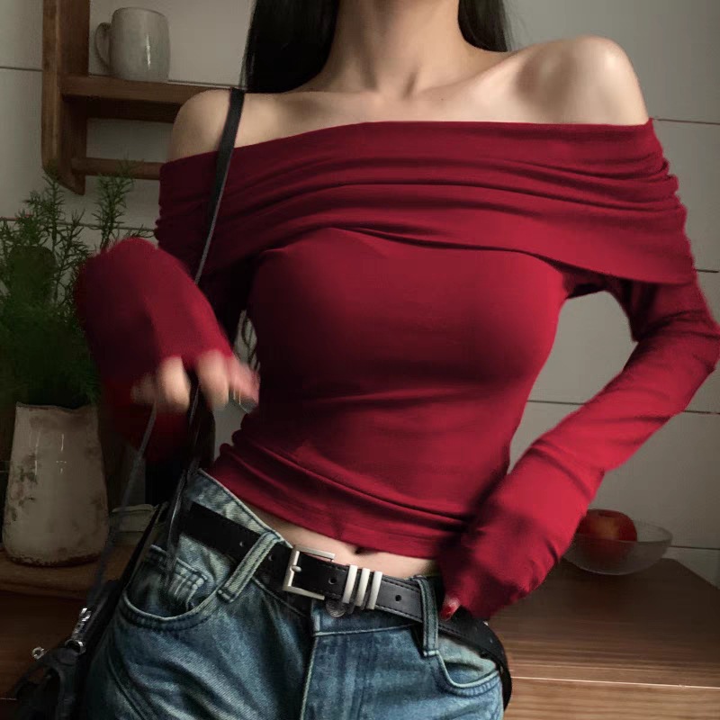 American Style Retro Hot Girl Design Sense off-shoulder Long-sleeved T-shirt Women's off-shoulder Beautiful Chic Sexy Tight Base Shirt