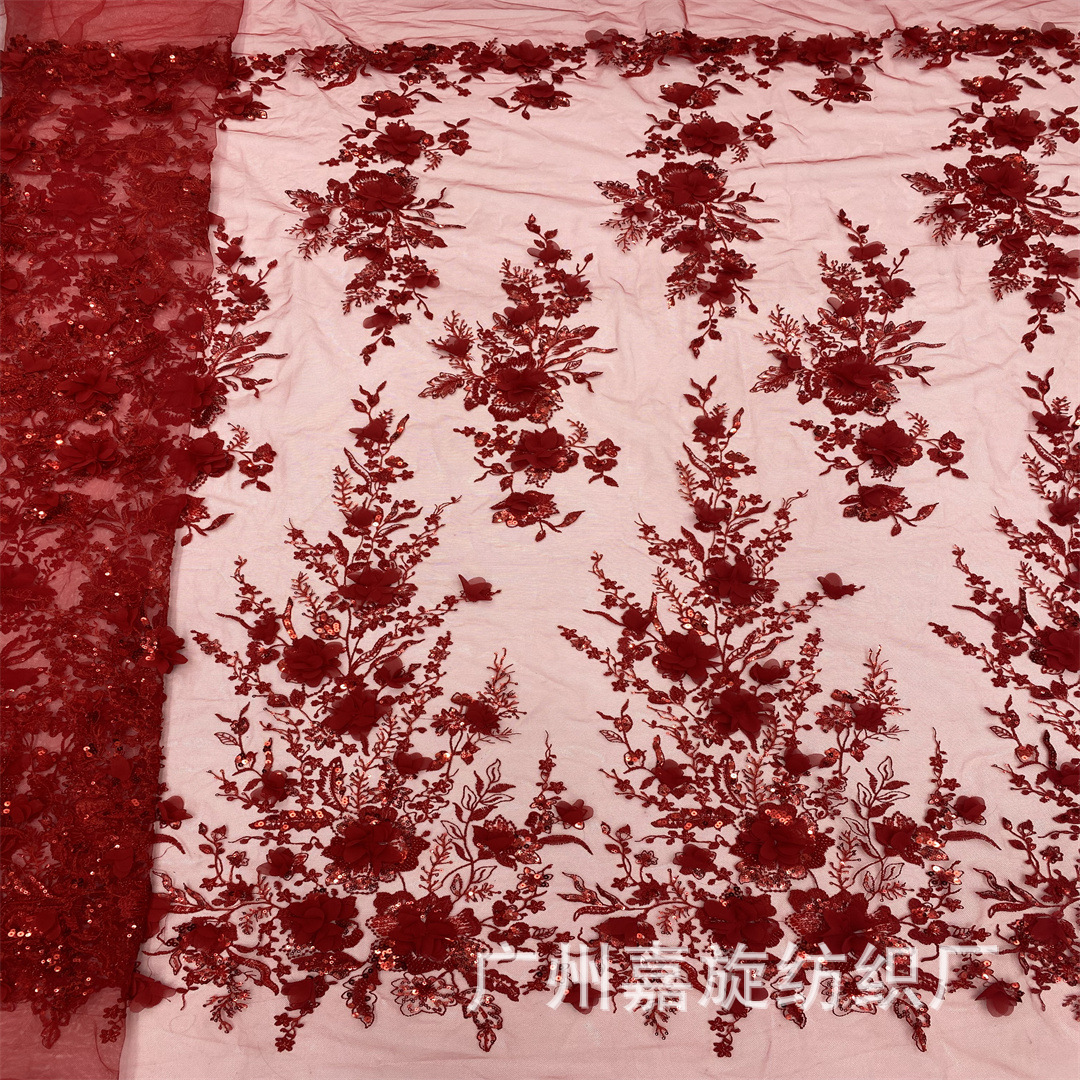 High-end embroidery three-dimensional flower chiffon lace fabric sequin bead tube dress wedding dress stage performance dress fabric