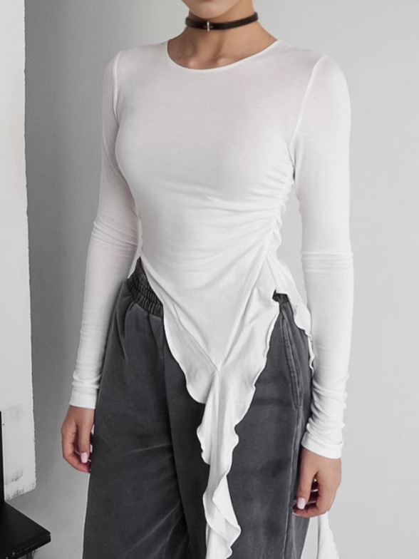 Spring 2025 Irregular Knitted Crewneck Base Shirt Women's Design Sense Inner Slim-fit Long-sleeved T-shirt Spice Girl Top