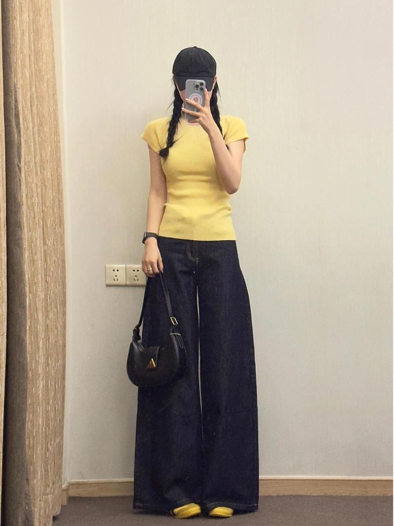 2025 Spring and Autumn Washed Niche Drape Design Denim Wide Leg Pants Women's American Retro Hot Girl High Street Floor-Mopping Pants