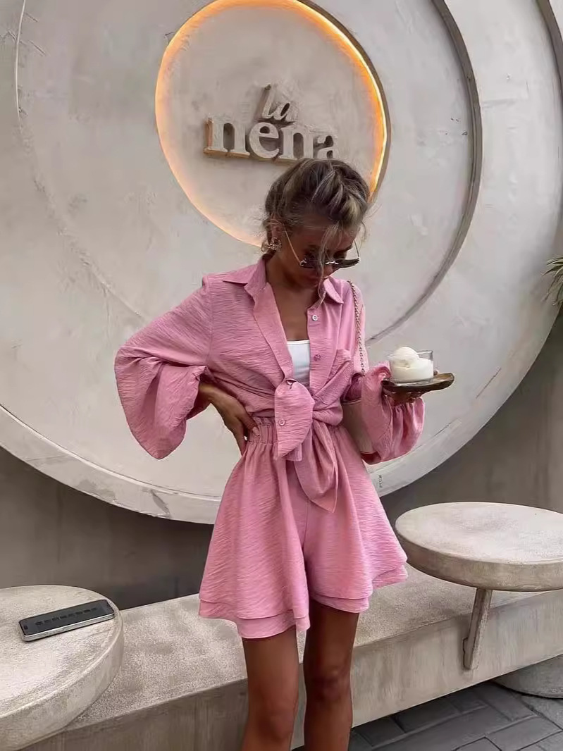 Picture of 2024 Summer European and American Women's Clothing Amazon Cross-border Long-sleeved Top Ruffled Shorts Casual Fashion Suit Women
