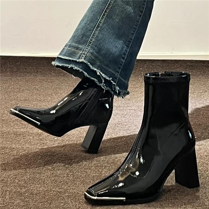 Kendall Jenner Style Short Boots for Women, 2025 Autumn and Winter New Square Toe Patent Leather Chunky Heel Short Boots, Slimming High Heel Boots