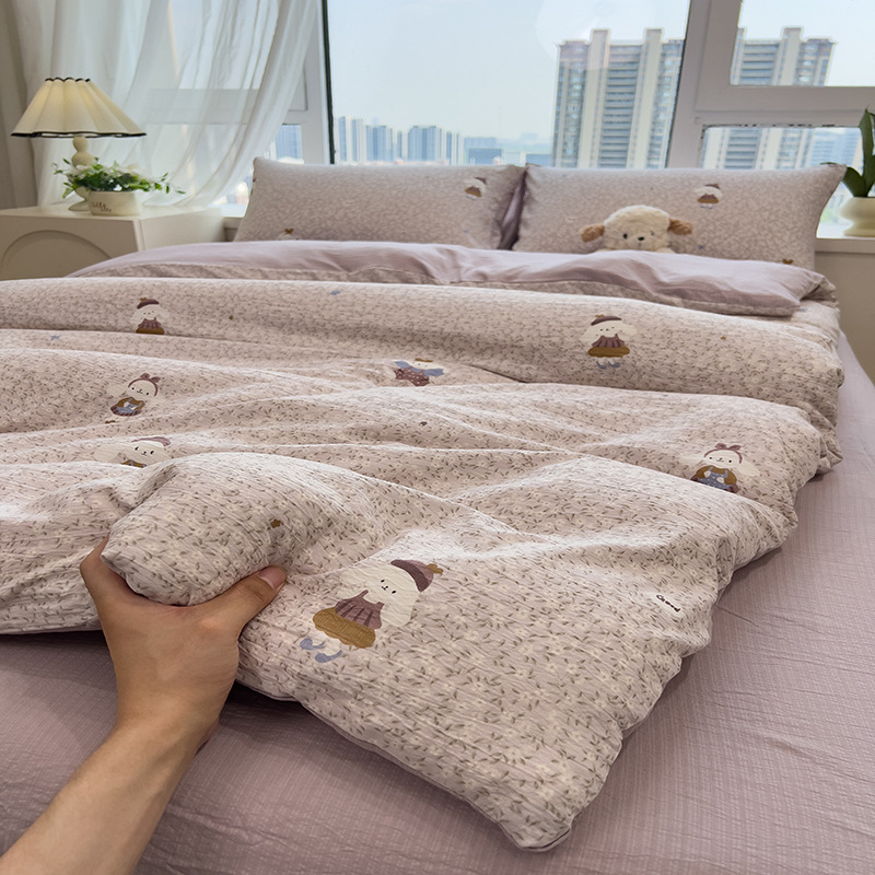Picture of Double-Layer Gauze Wrinkled Cotton Bed Four-Piece Set Small Fresh Quilt Cover Home Ins Style Floral Summer New Three-Piece Set