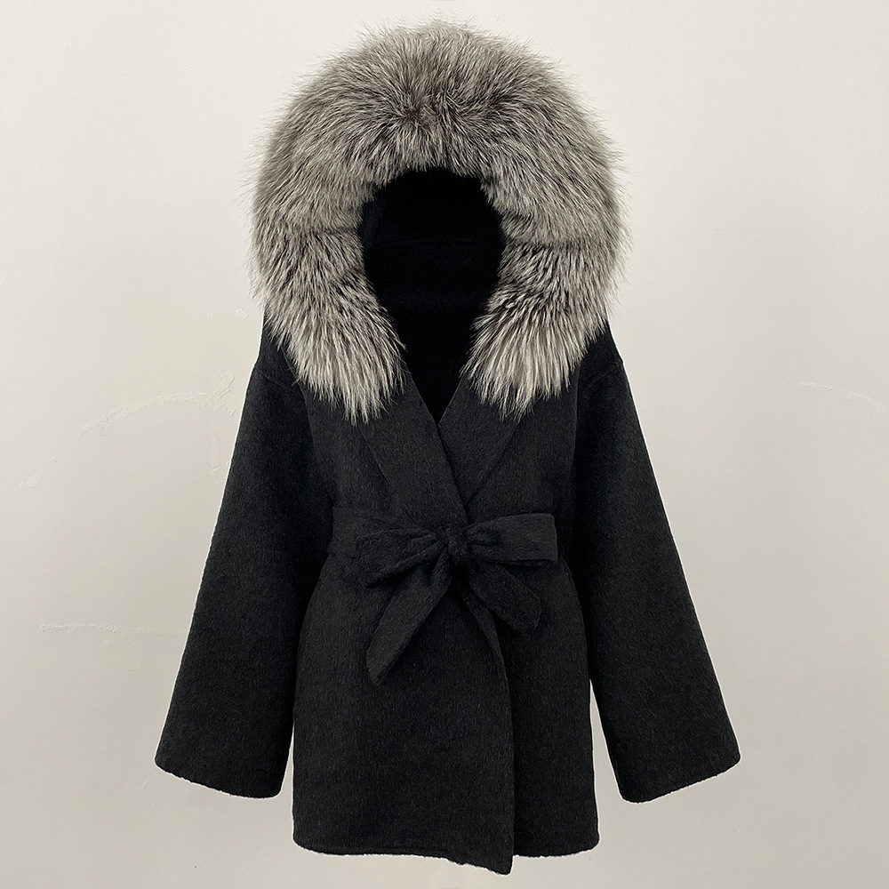 Picture of New Hooded Color-Blocked Fox Fur Collar Autumn and Winter Double-Sided Wool Outwear Women's Cloak Waist Thickeneded Woolen Outwear