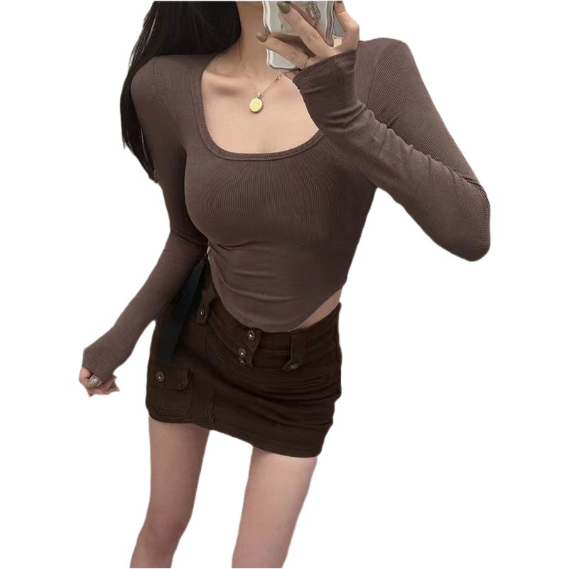 Picture of Pure hot girl round neck shoulder long-sleeved T-shirt women's irregular spring and autumn short top design slimming bottoming shirt