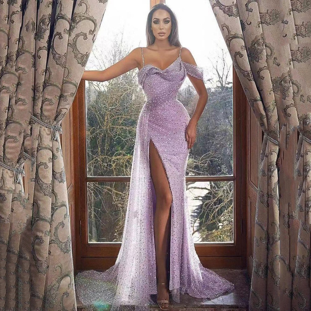 2025 Cross-Border New European and American Clothing Amazon Dress Suspender Long Skirt Slit Sequined Asymmetrical Evening Dress