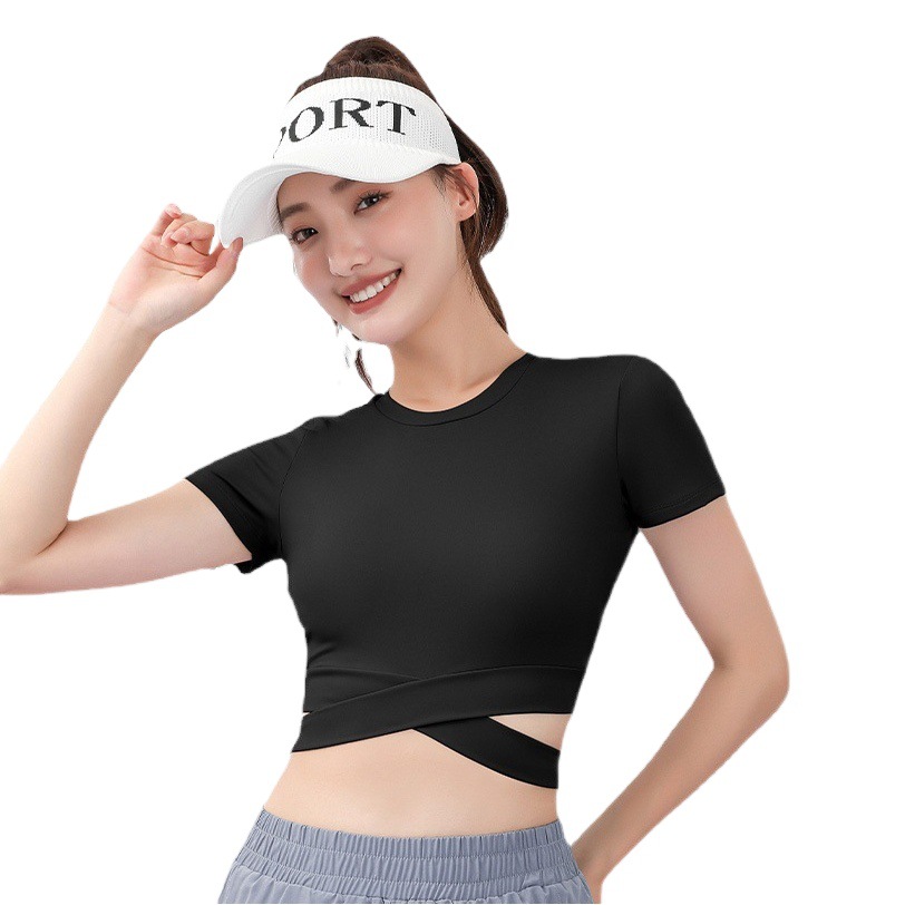Juyitang Peach Navel-Baring Cross Short-Sleeved Summer Slim Yoga Wear High-Waist Tight Fitness Top for Women