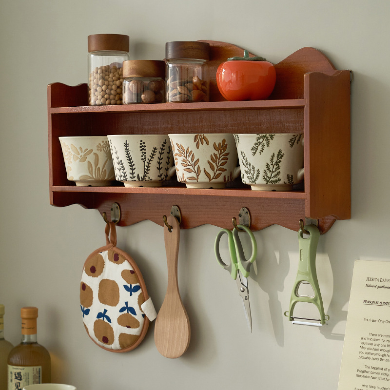 zakka Restaurant Kitchen Storage Rack Shelf Solid Wood Storage Frame Wall Hanging Wall Decoration Nordic Storage Hanging Cabinet