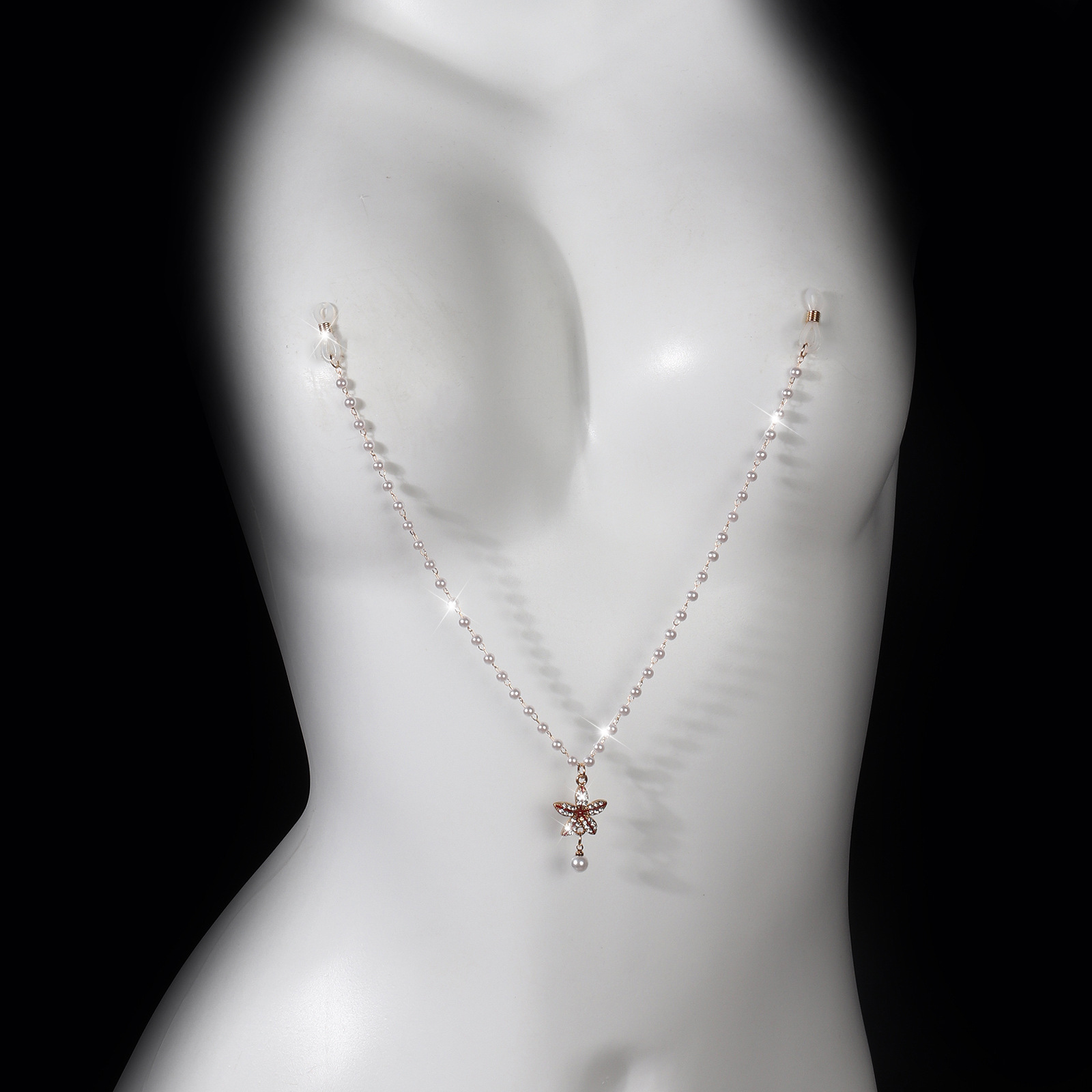 Cross-border hot selling simple pearl tassel double nipple chain flower pendant European and American nightclub disco body chain accessories for women