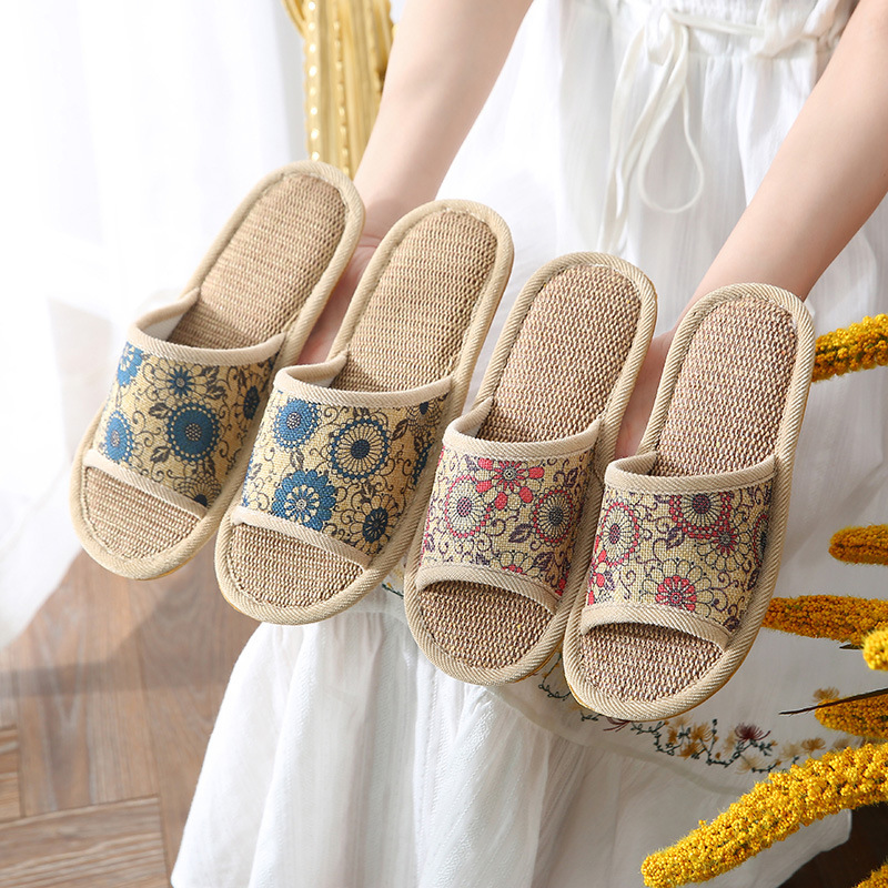 Summer Home Bedroom Thick-soles Floral Linen Slippers for Women and Men Couple Home Non-slip Wear-resistant Household Cloth Slippers