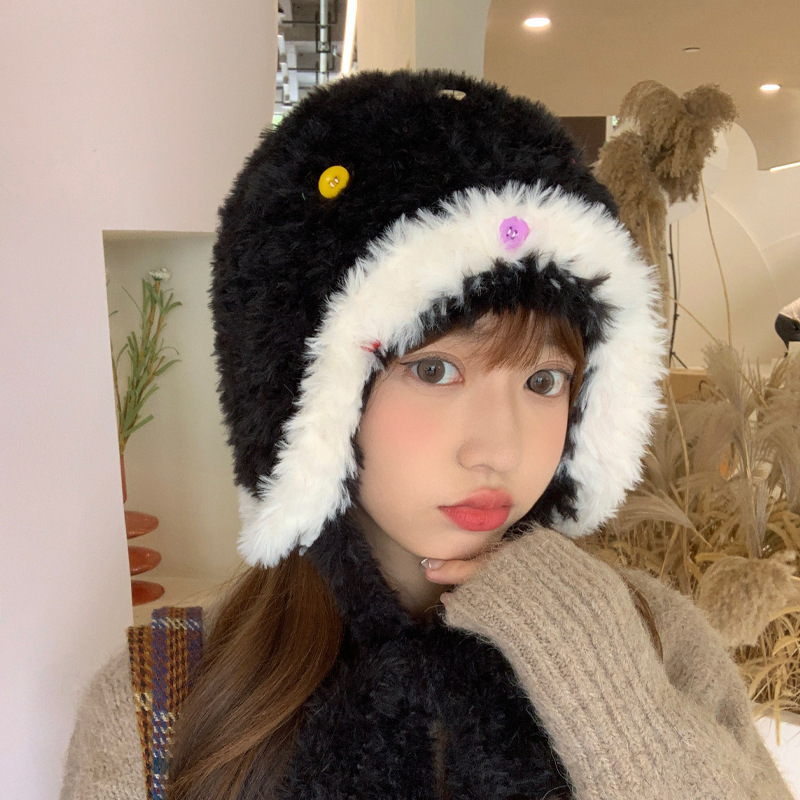 Picture of Autumn and Winter New fleece-lined Furry Lei Feng Hat Women's Bib Hat One-piece Cap Thickened Bear Ear Cap