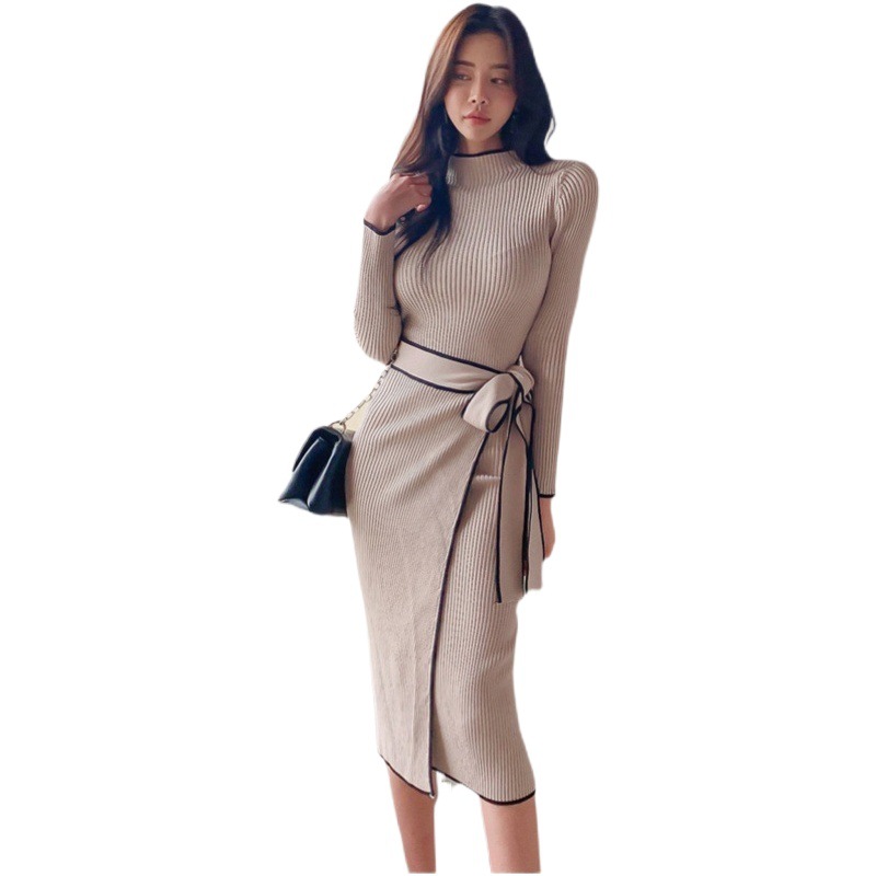 Cross-Border Sweater Dress 2025 Winter Season New Ladylike Elegant Slim Lace-Up Waist Knitted One-Step Skirt for Women